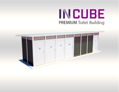 Incube Premium Toilet Buildings have the option to use a vibrant colour scheme for the aluminium aall panels.